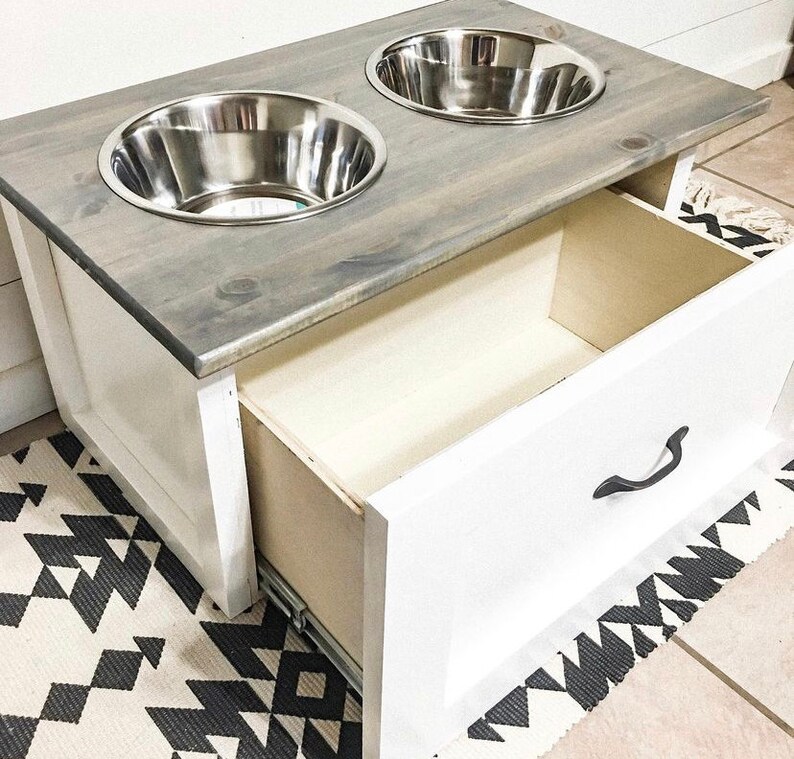 2 Bowl Dog Feeding Station With Drawer Raised Dog Bowl Etsy