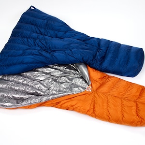 May include: A blue and orange sleeping bag with a silver lining. The sleeping bag is folded in half and the top half is folded over the bottom half.