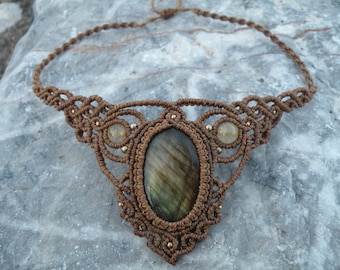 Labradorite Macrame Necklace Bohemian Jewelry Brass Tribal Hippie Choker Festival Gemstone Elegant Neck piece