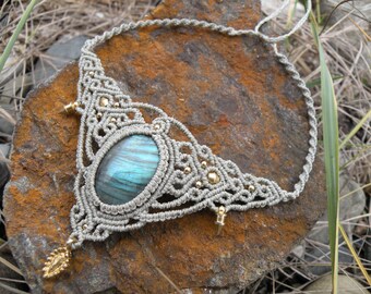 Labradorite Macrame Necklace Bohemian Jewelry Brass Tribal Hippie Choker Festival Gemstone Elegant Neck piece