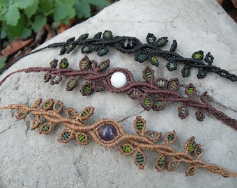 Custom Macrame Choker Tiara or Bracelet. Leafy Crystal Gemstone Fairy Jewelry. Nature inspired hippie Moonstone Amethyst choker