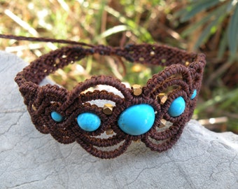 Turquoise Macrame Brown Bracelet, Brown Brass Bohemian Hippie Festival Wristband, Beaded Gemstone Cuff Bracelet