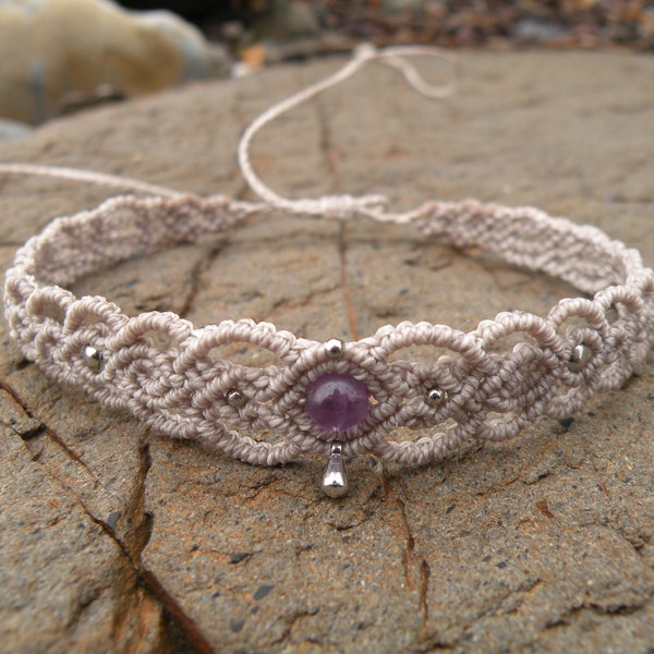 Amethyst Macrame Choker Tiara with Silver beads, Beige Tribal Hippie Festival Jewelry, Gemstone Healing Crystal Brass Headband