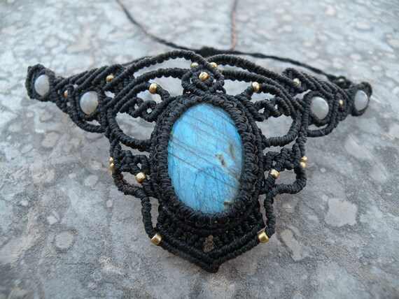 Tribal labradorite stone necklace brass choker with crystal torque necklace with healing crystal macrame necklace