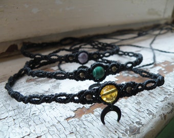 Amethyst Black Choker Tiara, Half Moon Malachite Tiny Bohemian Tribal Hippie Festival Jewelry, Gemstone Brass Headband