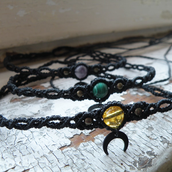 Amethyst Black Choker Tiara, Half Moon Malachite Tiny Bohemian Tribal Hippie Festival Jewelry, Gemstone Brass Headband