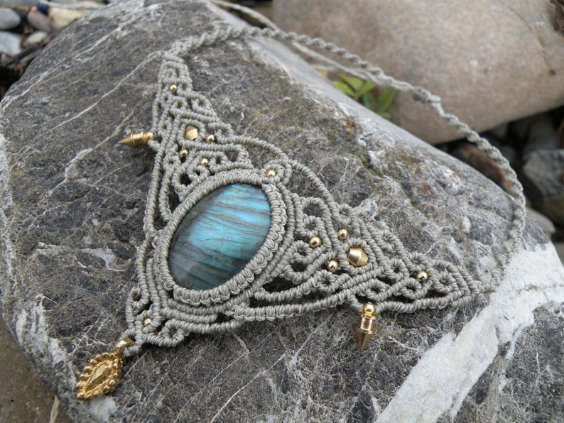 Labradorite Macrame Necklace Bohemian Jewelry Brass Tribal Hippie Choker Festival Gemstone Elegant Neck piece