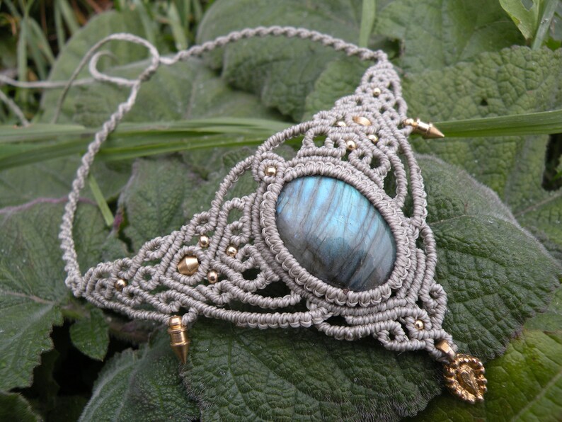 Labradorite Macrame Necklace Bohemian Jewelry Brass Tribal Hippie Choker Festival Gemstone Elegant Neck piece