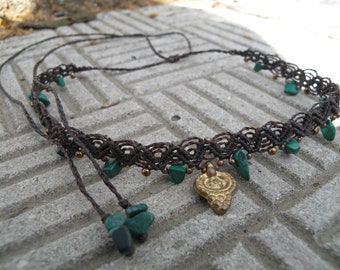 Malachite Macrame Brown Choker, Wavy tiara/ headband, Bohemian Brass Hippie Macrame Stone Necklace