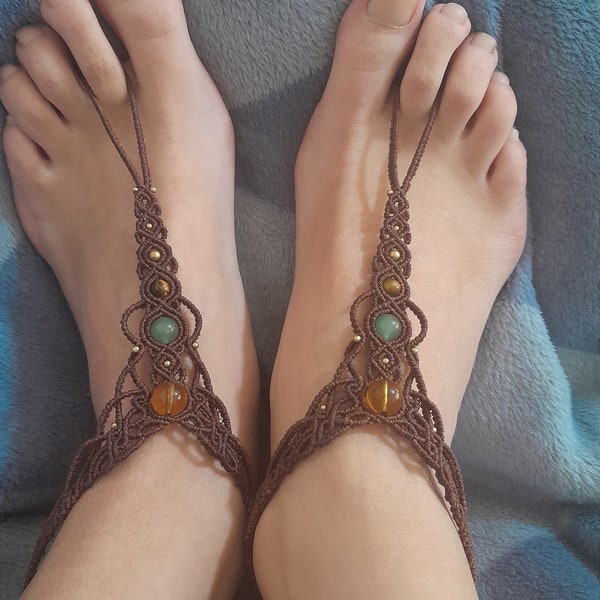 Gemstone Macrame Barefoot Sandals, Brown Citrine Aventurine Tiger's eye Foot Jewelry, Body accessories festival hippie pair anklets