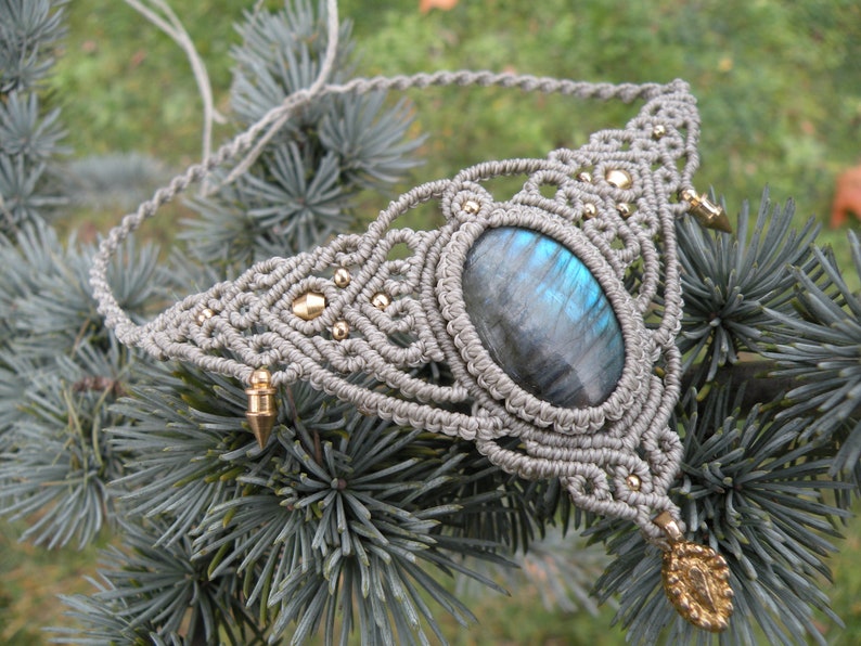 Labradorite Macrame Necklace Bohemian Jewelry Brass Tribal Hippie Choker Festival Gemstone Elegant Neck piece