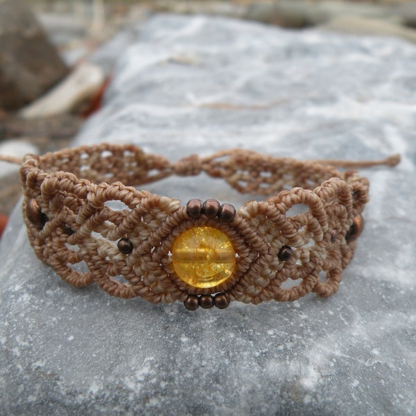 Bracelet Citrine Macrame, Boho Gemstone Fairy Jewelry, Copper Hippie Tribal Wristband Gift for Her