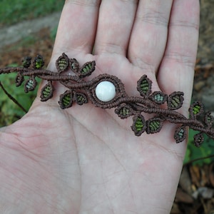 Moonstone Macrame Choker/ Tiara/ Bracelet. Leaves Green Wood Inspired Necklace. Crystal Fairy Leafy Choker