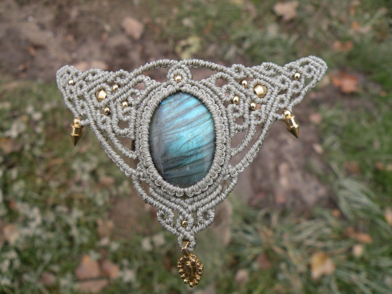 Labradorite Macrame Necklace Bohemian Jewelry Brass Tribal Hippie Choker Festival Gemstone Elegant Neck piece