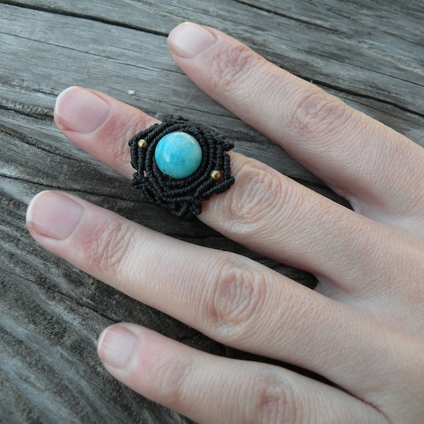 Black Macrame Ring with Amazonite, Woven Thread Ring, Witchy Bohemian Crystal Gemstone Ring