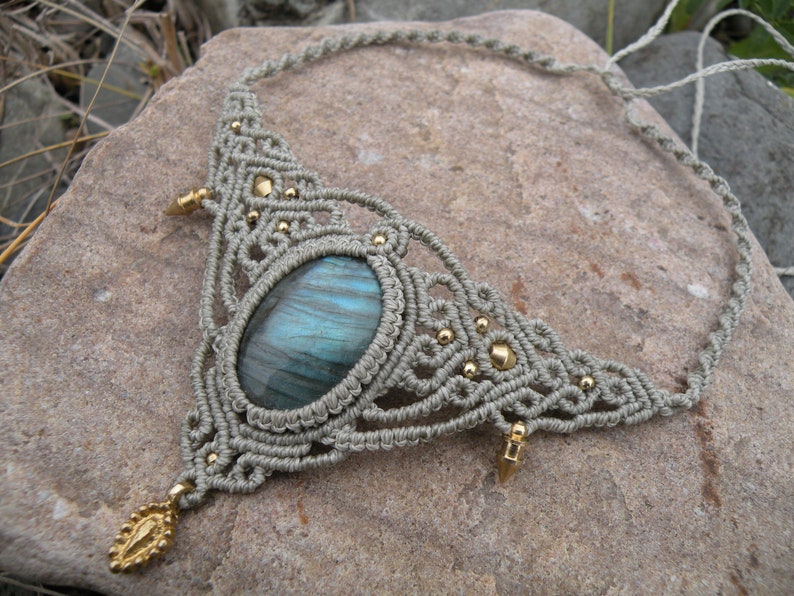 Labradorite Macrame Necklace Bohemian Jewelry Brass Tribal Hippie Choker Festival Gemstone Elegant Neck piece
