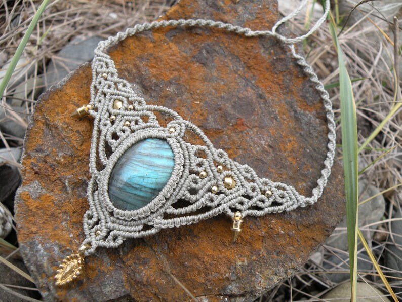 Labradorite Macrame Necklace Bohemian Jewelry Brass Tribal Hippie Choker Festival Gemstone Elegant Neck piece
