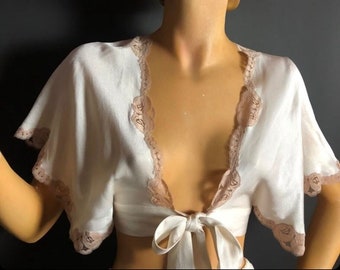 1960s 1970s Alice Pollock Lingerie Inspired Tie Front Bolero, Pale Pink Cream With Tea Coloured Lace, Flutter Sleeves