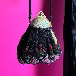 Lovely 1920s Beaded Purse with Hand Painted Domed Celluloid Frame, Silk Cord Handle, Floral and Geometric Pattern, Lined