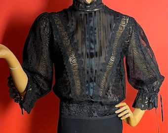 1970s Catherine Buckley Black Lace Victorian Style Blouse with High Neck, Balloon Sleeves, Button Back, Ties at Neck and Cuffs