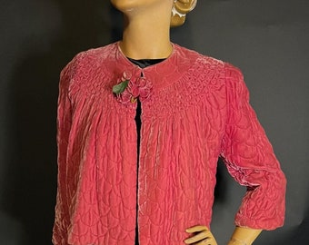 1930s Watermelon Pink Velvet Bedjacket with Smocking and Scale Quilting, Floral Corsage, 3/4 Sleeves, Satin Lining, Never Worn with Tag