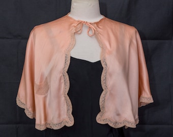 Gorgeous 1930s Silk Bed Lingerie Capelet with Scalloped Lace Edge, Tie Neck, Tiny (Condom?) Pocket, by Gracette Undies, One Size