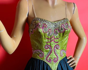 1920s Acid Green Satin Theatrical Bustier Corset, Silver and Hot Pink Sequins, Boned, Labelled Theatrical Models Ltd London, Very Wearable