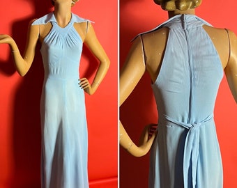 1970s Ossie Clark for Radley Sky Blue Moss Crepe Maxi Dress with Cutaway Shoulders and Huge Collar, Tie Back Waist, 1930s Style