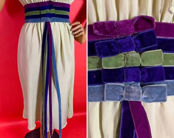 1930s, Possibly Earlier, Velvet Ribbon Band Wide Belt with Bow and Long Tails, Hook and Eye Closure, Purple, Green, Blue, 25 Inch