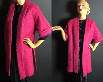 1960s Raspberry Mohair Kimono Style Open Front Cardigan Coat, Coatigan, 1950s Style, By Andrew Stewart, 3/4 Sleeve