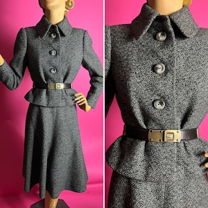 1950s 1960s Christian Dior London Grey Fleck Wool Skirt Suit, Semi Full Skirt, Small Peplum, Collared Button Front Short Jacket