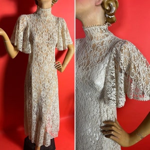 Late 1960s Biba Lace Dress with High Neck, Flutter Sleeves, Pale Beige, Includes Cream Bias Cut Slip, Two Dresses One Price, Book Featured