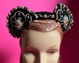 1940s Bes-Ben Black Felt Hat with Pearl and Bead Decoration, Skullcap Shape with Wired and Adjustable "Ears", One Size