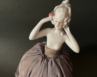 Antique 1920s Saucy Porcelain Half Doll with Large Lavender Pincushion Skirt, Marie Antoinette Style