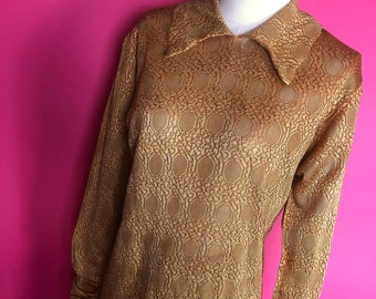 1920s Silky Knit Sweater with Collar and Pockets, Long Sleeved, Old Gold,  Copper Brown, Long Slim Fit