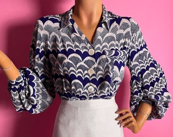 Y2K 1940s Style One Off Blue & White Scallop Print, Huge Balloon Sleeve, Crepe Blouse with Double Pocket, Peplum, By Skinny Rich Fairies