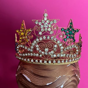 Late 1800s French Belle Epoque Theatrical Cabaret Tiara Headpiece Crown with Multi Colour Rhinestone Stars and Swirls,Chain, Excellent Cold