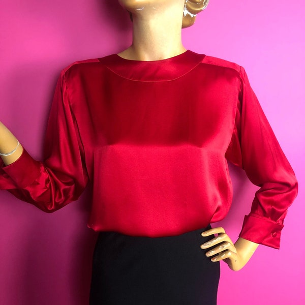 1980s Yves Saint Laurent Rive Gauche Lipstick Red Silk Blouse, French Cuffs, Button Cufflinks, Button Back, Size 36