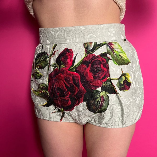 Y2K Dolce & Gabbana 1950s Style Bubble Shorts, Ice Blue Jacquard, Red Rose Print. Silk Lined, Size IT40