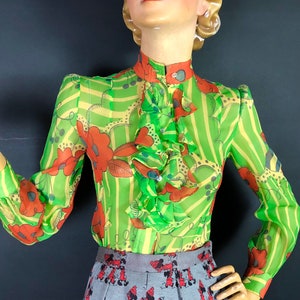 1960s 1970s Quorum Silk Chiffon Blouse, Alice Pollock, Ossie Clark, Celia Birtwell Print, Sheer, Ruffle Front, Bright Apple Green