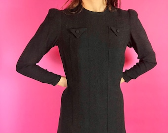 Stunning 1930s Art Deco Black Bouclé Knit Top Blouse Tunic, Button Back, Long Sleeve, Puff Shoulder, Slim Fitted Silhouette, Longline, Rare