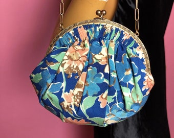 1930s Art Deco Blue Floral Purse, Round Shaped, Chain Handle