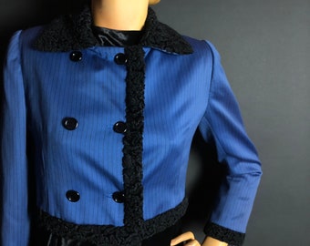 1960s 1970s Givenchy Boutique Blue with Black Pinstripe Cropped Double Breasted Jacket, Faux Astrakhan Trim, Numbered Demi-Couture RTW