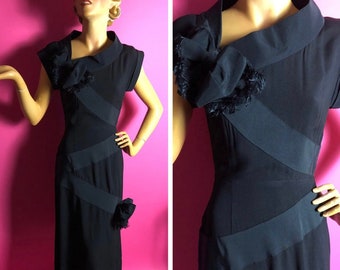 1940s Avant Garde, Bondage Dress, Black Rayon, Black Grosgrain Ribbon "Wrapping" Around The Dress, Bows, Asymmetric Neckline, Cap Sleeves