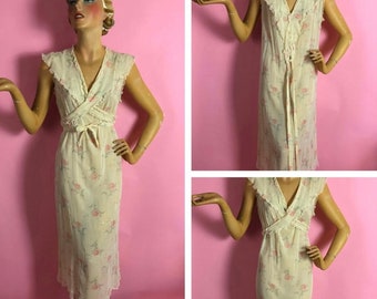 1920s FIne Cotton Nightgown with Floral Posy and Butterfly Print, Makes Great Dress, Shawl Collar with Multiway Ties