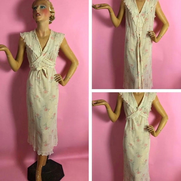 1920s FIne Cotton Nightgown with Floral Posy and Butterfly Print, Makes Great Dress, Shawl Collar with Multiway Ties