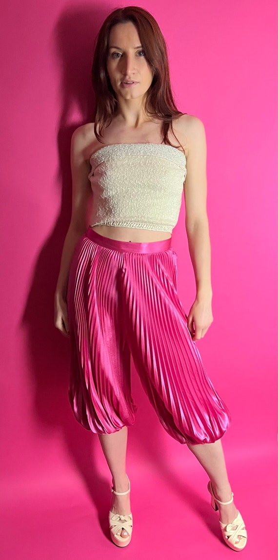 1980s Bright Pink Pleated Satin Culottes Harem Pa… - image 3