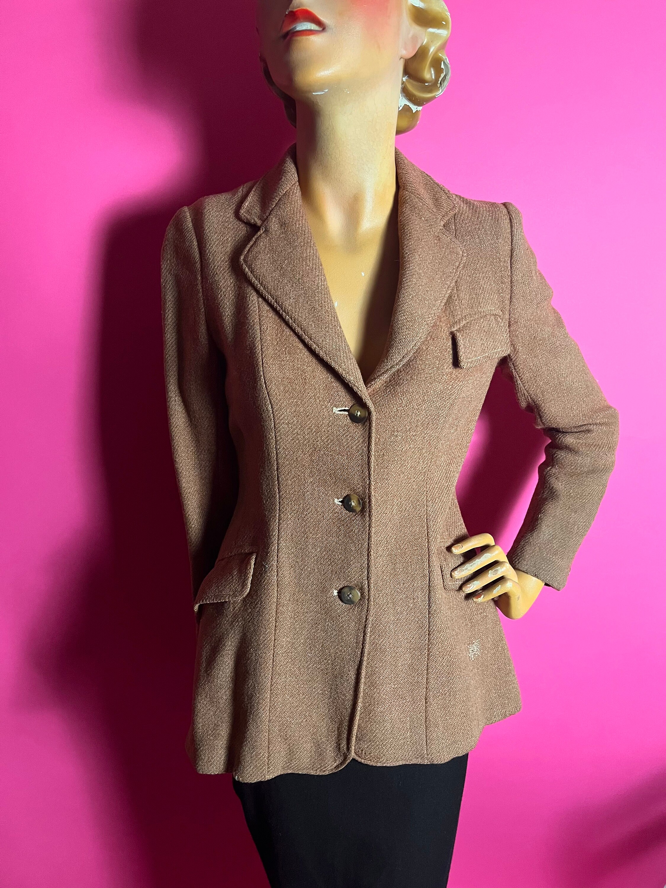 【INCHANT ME】Pocket Half Wool Tweed Jacket 1940s Harris Tweed Hacking Jacket by Moseley, Longer Line