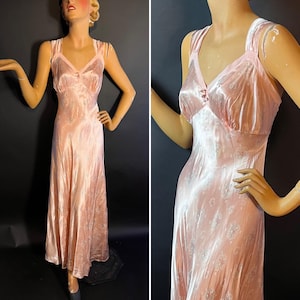 1930s 1940s Pink Floral Satin Bias Cut Nightgown, Wide Straps, Makes A Great Dress