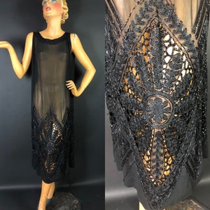 Stunning 1920s Silk Chiffon Flapper Dress with Embroidery, Beading and Cut Outs, Dangling Straps Down Back, Fantastic Condition, Not Tiny